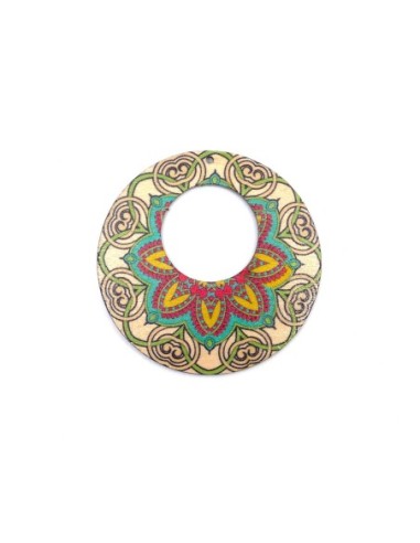Grand pendentif bois, créole rondes motif mandala fleur rose et bleu turquoise