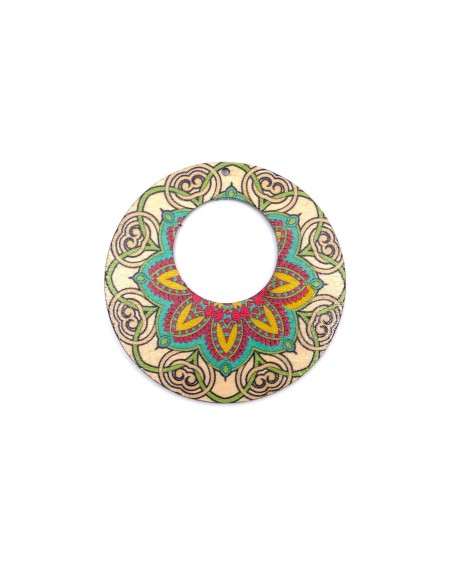 Grand pendentif bois, créole rondes motif mandala fleur rose et bleu turquoise