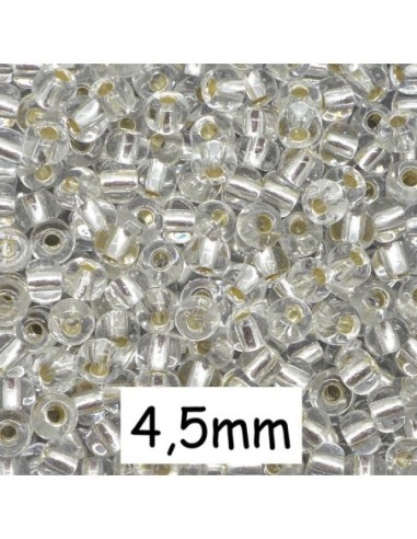 Perle de rocaille 4,5mm transparente interieur argenté, environ 310 perles