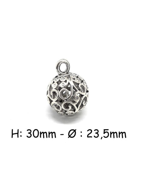 Pendentif grelot filigrane ajouré en métal argenté 30mm motif ethnique