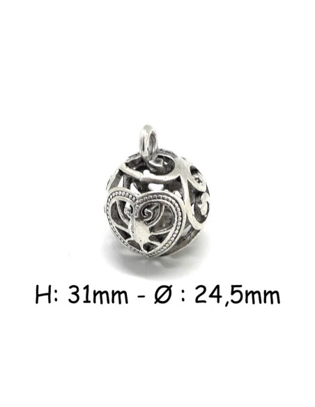 Pendentif grelot argenté motif coeur en métal