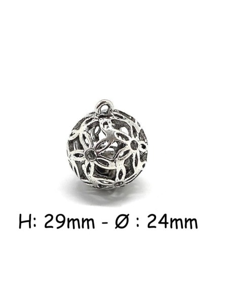 Pendentif grelot argenté motif fleur en métal
