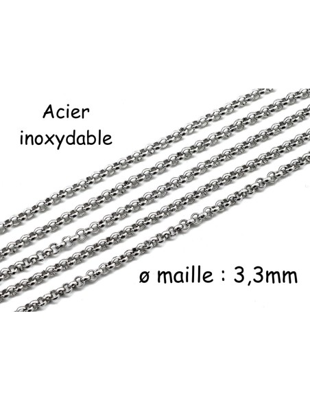 Chaînette maille forçat ronde argenté en acier inoxydable maillon 3,3mm