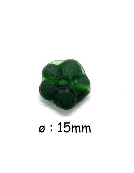 Perle en verre forme fleur de couleur vert foncé opaque
