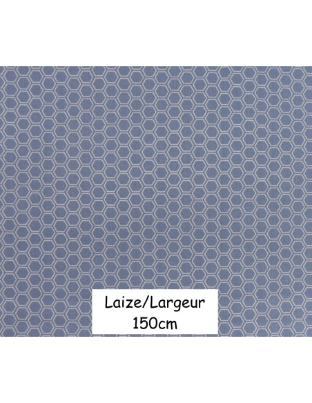 Tissus coton motif géométrique hexagone bleu jeans clair et blanc - vendu au mètre