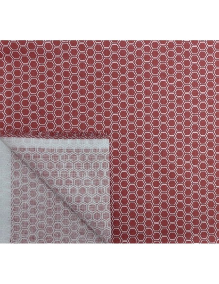 Tissus pour patch pas cher en coton motif géométrique hexagone rouge grenat et blanc - vendu au mètre