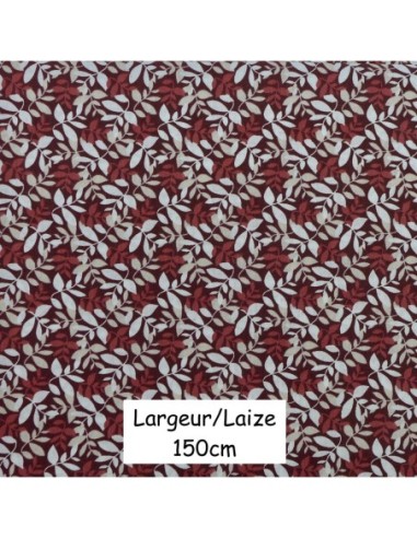 Tissus coton motif feuillage rouge grenat, beige et blanc - vendu au mètre