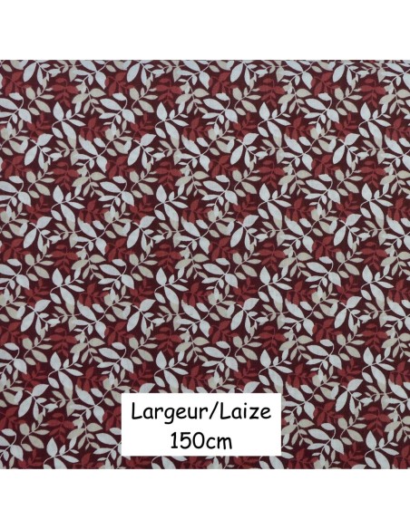 Tissus coton motif feuillage rouge grenat, beige et blanc - vendu au mètre Tissus coton motif feuillage rouge grenat, beige et blanc - vendu au mètre