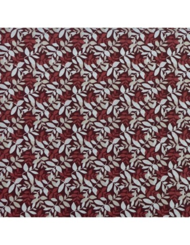 Tissus coton pas cher motif feuillage rouge grenat, beige et blanc