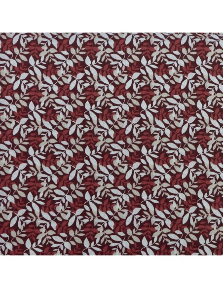 Tissus coton pas cher motif feuillage rouge grenat, beige et blanc  Tissus coton pas cher motif feuillage rouge grenat, beige et blanc