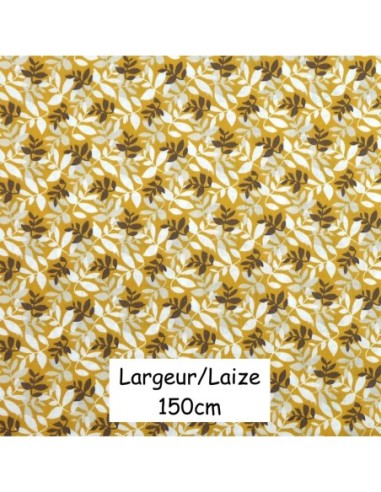 Tissus coton motif feuillage jaune moutarde - vendu au mètre