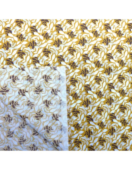 Tissus coton pas cher motif feuillage ton de jaune moutarde