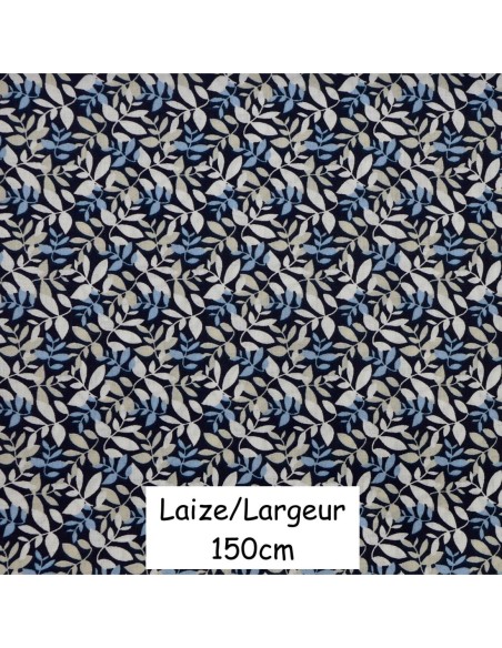 Tissus coton motif feuillage bleu marine, beige et blanc - vendu au mètre