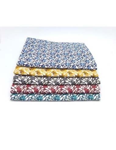 Tissus pour patch pas cher en coton motif feuillage bleu, jaune moutarde, vert, rouge, noir