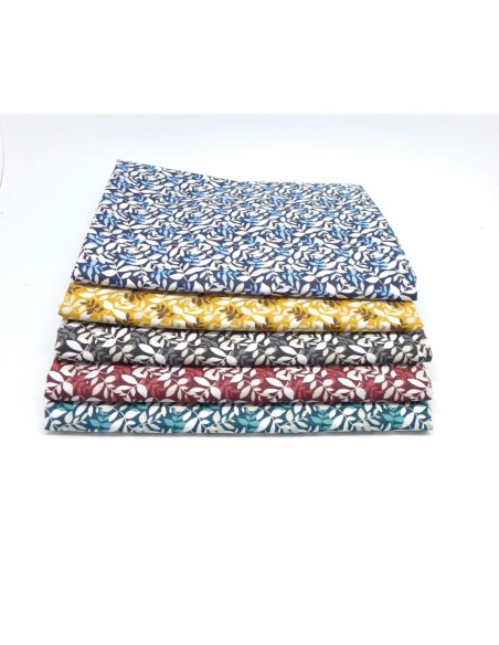 Tissus pour patch pas cher en coton motif feuillage bleu, jaune moutarde, vert, rouge, noir