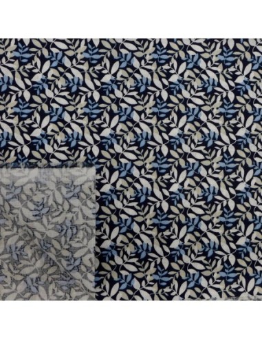Tissus coton motif feuillage bleu marine, beige et blanc - tissus pas cher