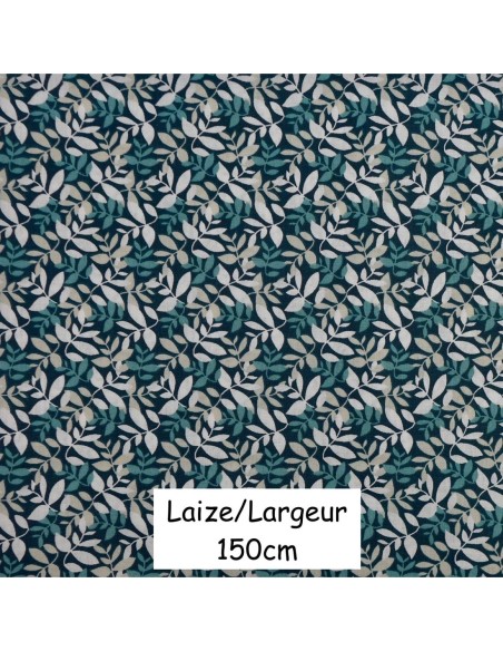Tissus coton motif feuillage vert, beige et blanc - vendu au mètre