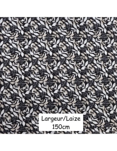 Tissus coton motif feuillage noir, gris, beige et blanc - vendu au mètre