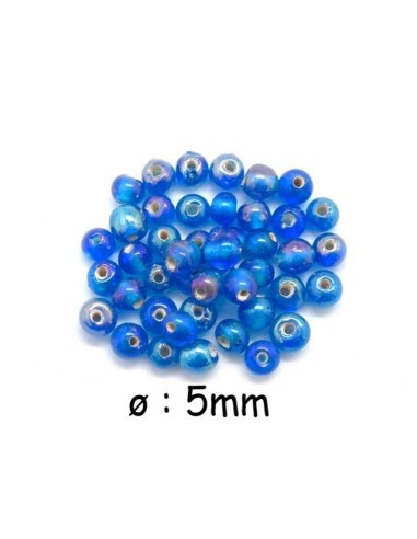 Perle en verre ronde 5mm bleu irisé rainbow pour bracelet wrap