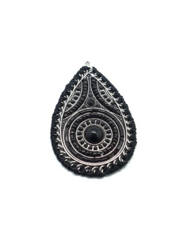 Pendentif goutte en métal argenté, perle de rocaille et cabochon noir ethnique 65mm