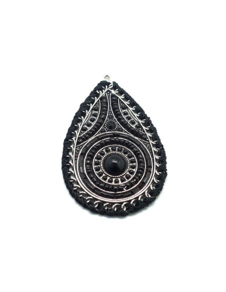 Pendentif goutte en métal argenté, perle de rocaille et cabochon noir ethnique 65mm