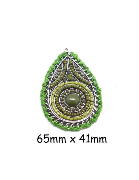 Pendentif goutte en métal argenté, perle de rocaille et cabochon vert dégradé ethnique 65mm