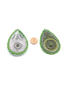 Pendentif goutte en métal argenté, perle de rocaille et cabochon vert dégradé ethnique 65mm 2