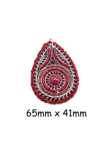 Pendentif goutte en métal argenté, perle de rocaille et cabochon rouge dégradé ethnique 65mm