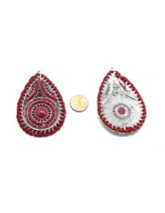 Pendentif goutte en métal argenté, perle de rocaille et cabochon rouge dégradé ethnique 65mm 2