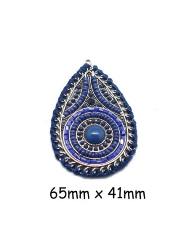 Pendentif goutte en métal argenté, cabochon bleu et perle de rocaille, ethnique 65mm