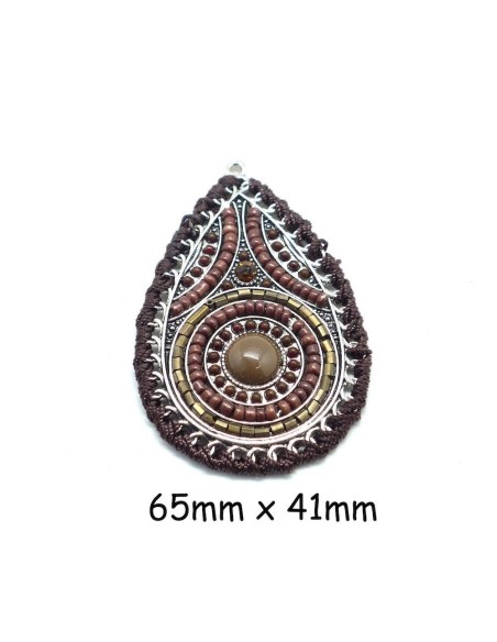 Pendentif pas cher original en métal argenté, cabochon marron et perle de rocaille, ethnique 65mm