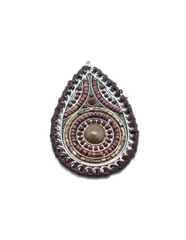 Pendentif goutte en métal argenté, cabochon marron et perle de rocaille, ethnique 65mm