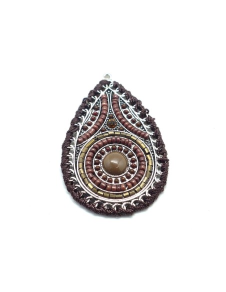 Pendentif goutte en métal argenté, cabochon marron et perle de rocaille, ethnique 65mm