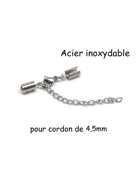 Fermoir mousqueton avec serre fil pour cordon de 4,5mm en acier inoxydable argenté