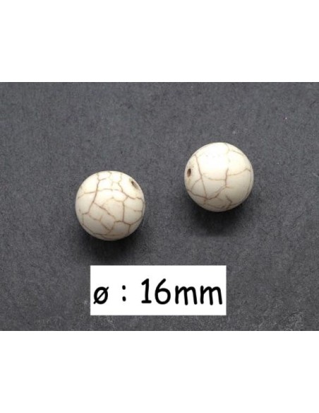 Perle ronde 16mm imitation turquoise "Howlite" blanc cassé, beige