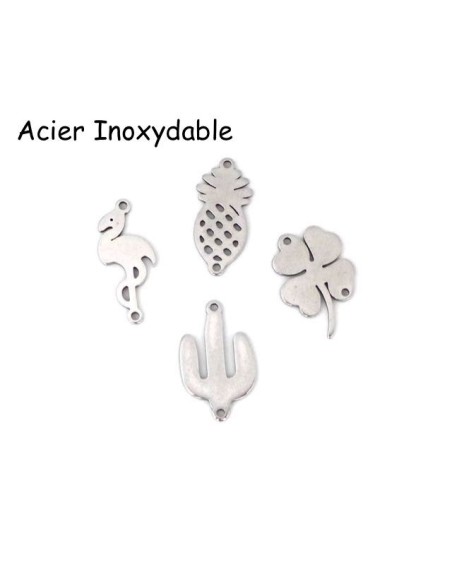 Perle connecteur en métal acier inoxydable argenté : ananas, flamant, trèfle et cactus