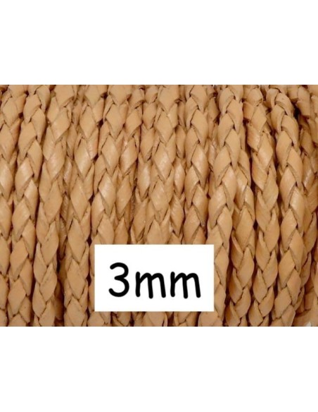 Cordon cuir tressé rond 3mm de couleur marron naturel, beige