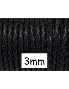 Cordon cuir tressé rond 3mm noir pour création bijoux