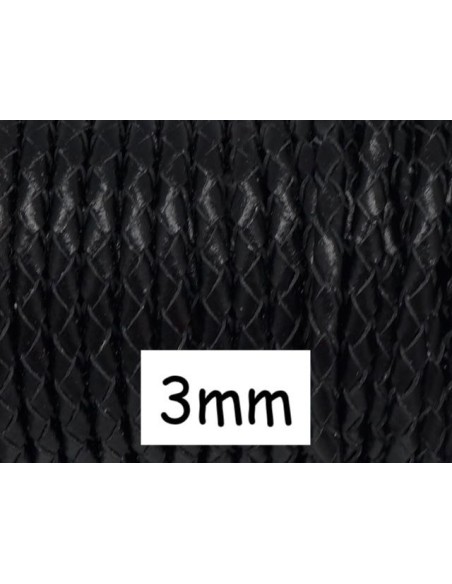 Cordon cuir tressé rond 3mm noir pour création bijoux