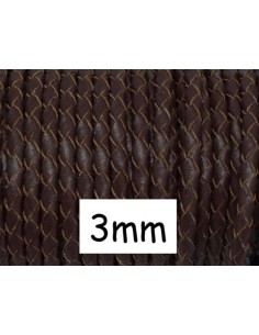 Cordon cuir tressé rond 3mm marron foncé pour création porte clé