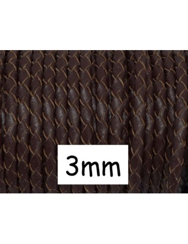 Cordon cuir tressé rond 3mm marron foncé pour création porte clé