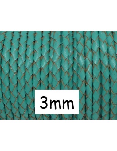 Cordon cuir tressé rond 3mm vert turquoise pour création bracelet