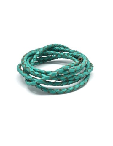 Cordon cuir tressé rond 3mm vert turquoise pour création bijoux