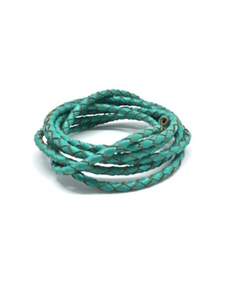 Cordon cuir tressé rond 3mm vert turquoise pour création bijoux