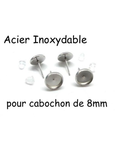 Boucles d'oreille pour cabochon de 8mm en acier inoxydable argenté - BO puce
