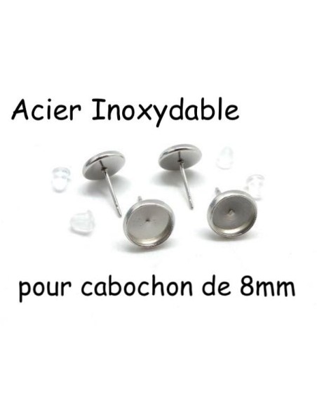 Boucles d'oreille pour cabochon de 8mm en acier inoxydable argenté - BO puce