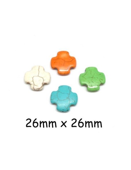 Perle croix 26mm howlite orange, vert, bleu turquoise, blanc cassé. Croix gec
