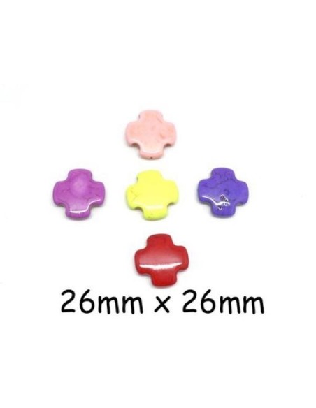 Perle croix en pierre synthétique imitation turquoise "Howlite" 26mm croix grec couleurs assorties