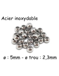 Perle ronde 5mm en acier inoxydable argenté pour cuir de 2mm