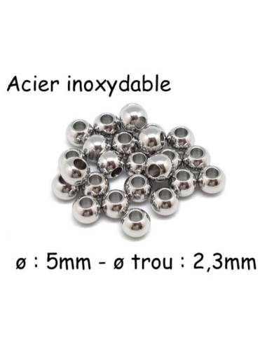 Perle ronde 5mm en acier inoxydable argenté pour cuir de 2mm